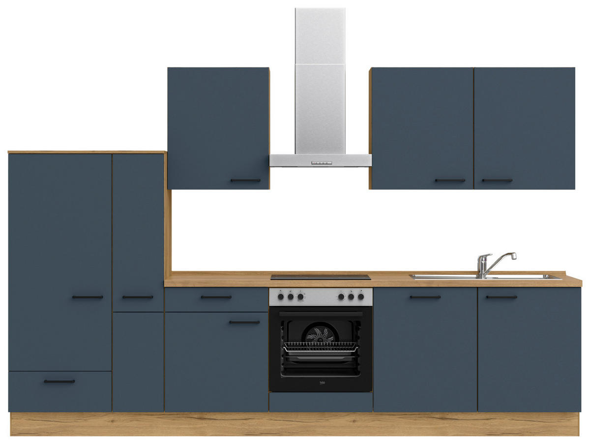 KÜCHENLEERBLOCK 330 cm   in Blau, Eichefarben  - Blau/Eichefarben, MODERN, Holzwerkstoff/Metall (330cm) - Nobilia