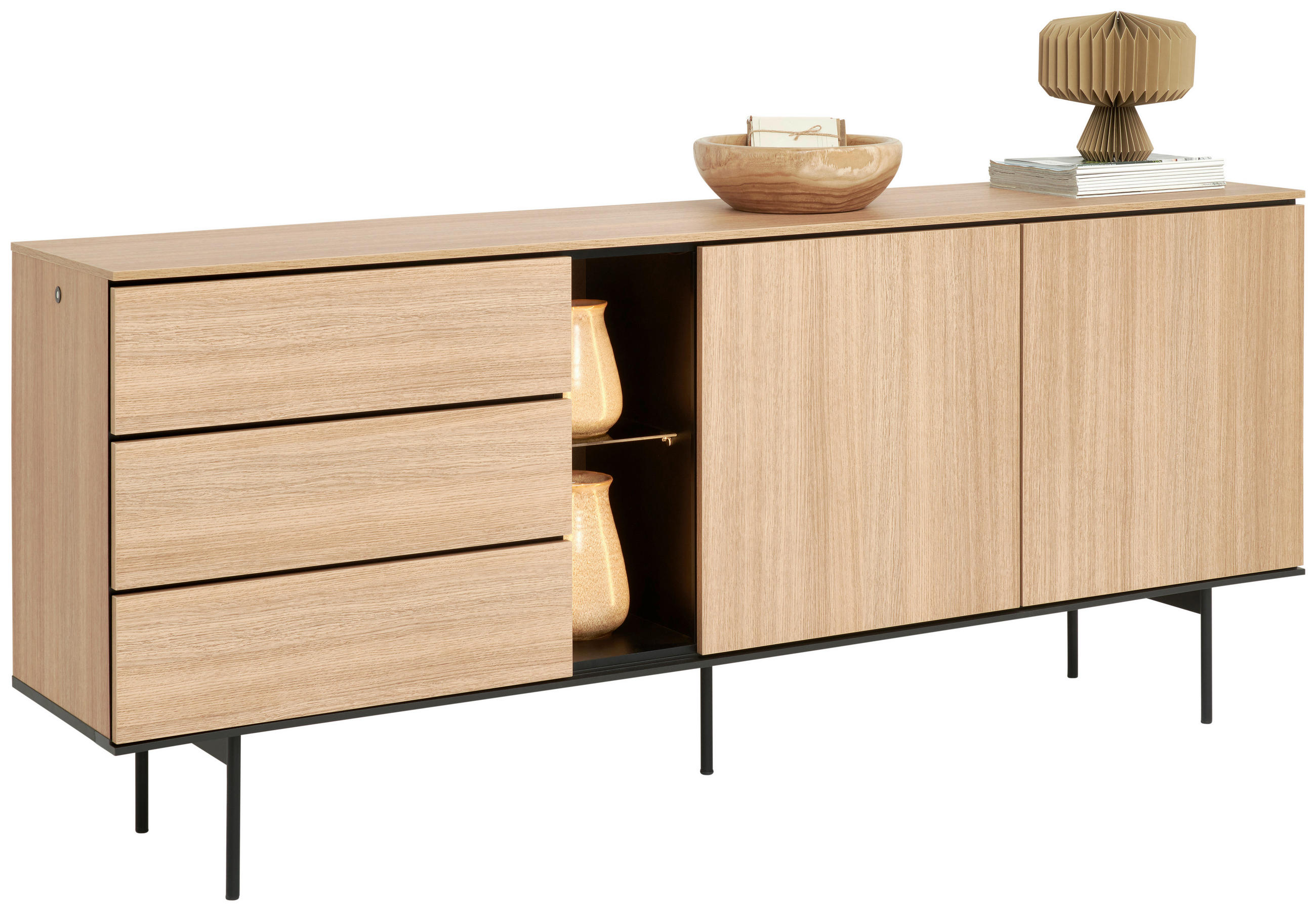SIDEBOARD Schwarz, Eichefarben 197/83/41 cm - Eichefarben/Schwarz, Basics, Glas/Holzwerkstoff (197/83/41cm) - Hom`in