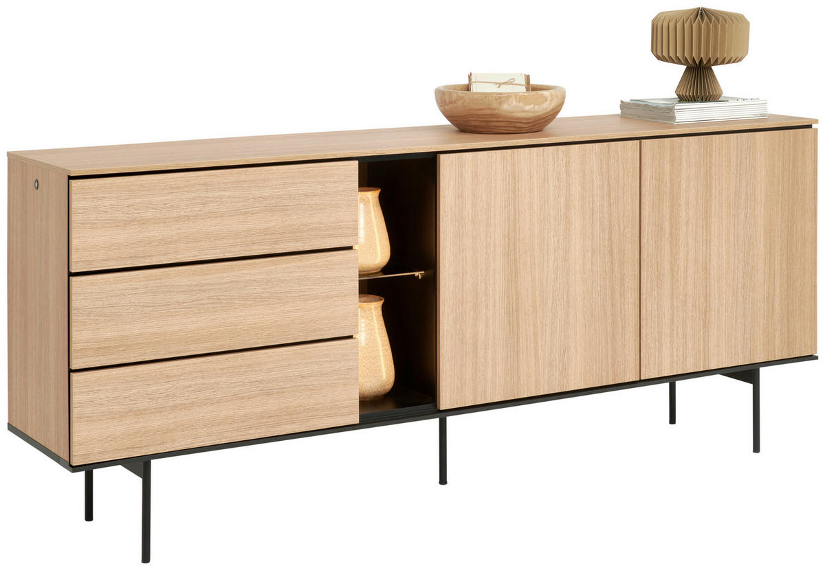 SIDEBOARD Schwarz, Eichefarben  197/83/41 cm  - Eichefarben/Schwarz, Basics, Glas/Holzwerkstoff (197/83/41cm) - Hom`in