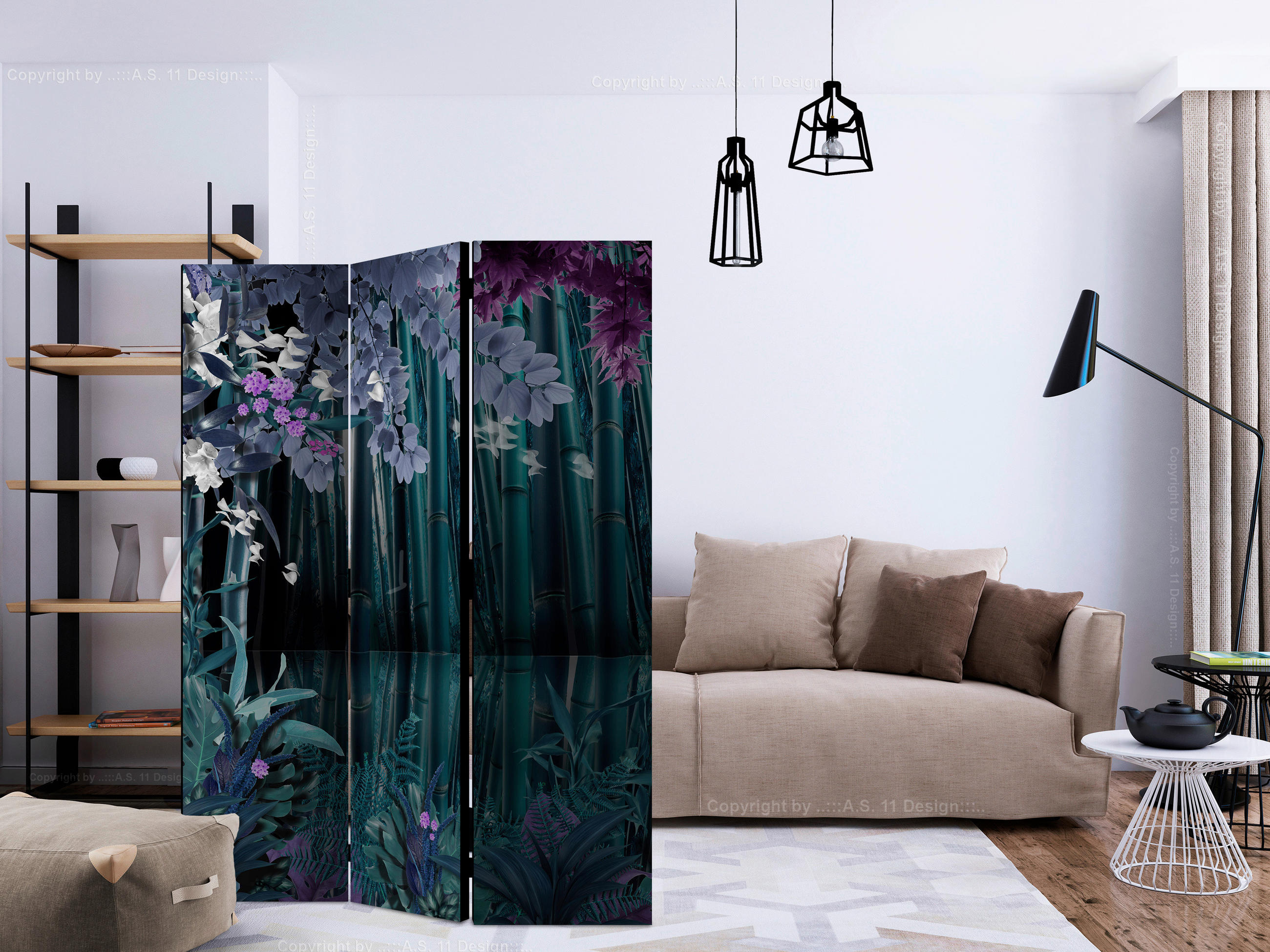 PARAVENT mit 3  Flügel - Dunkelgrün/Lila, Basics, Holz/Textil (135/172/3cm) - artgeist