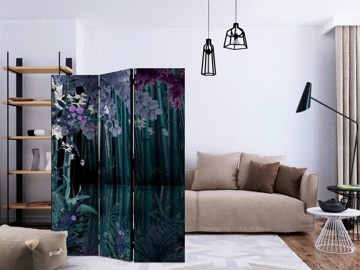 PARAVENT mit 3  Flügel - Dunkelgrün/Lila, Basics, Holz/Textil (135/172/3cm) - artgeist