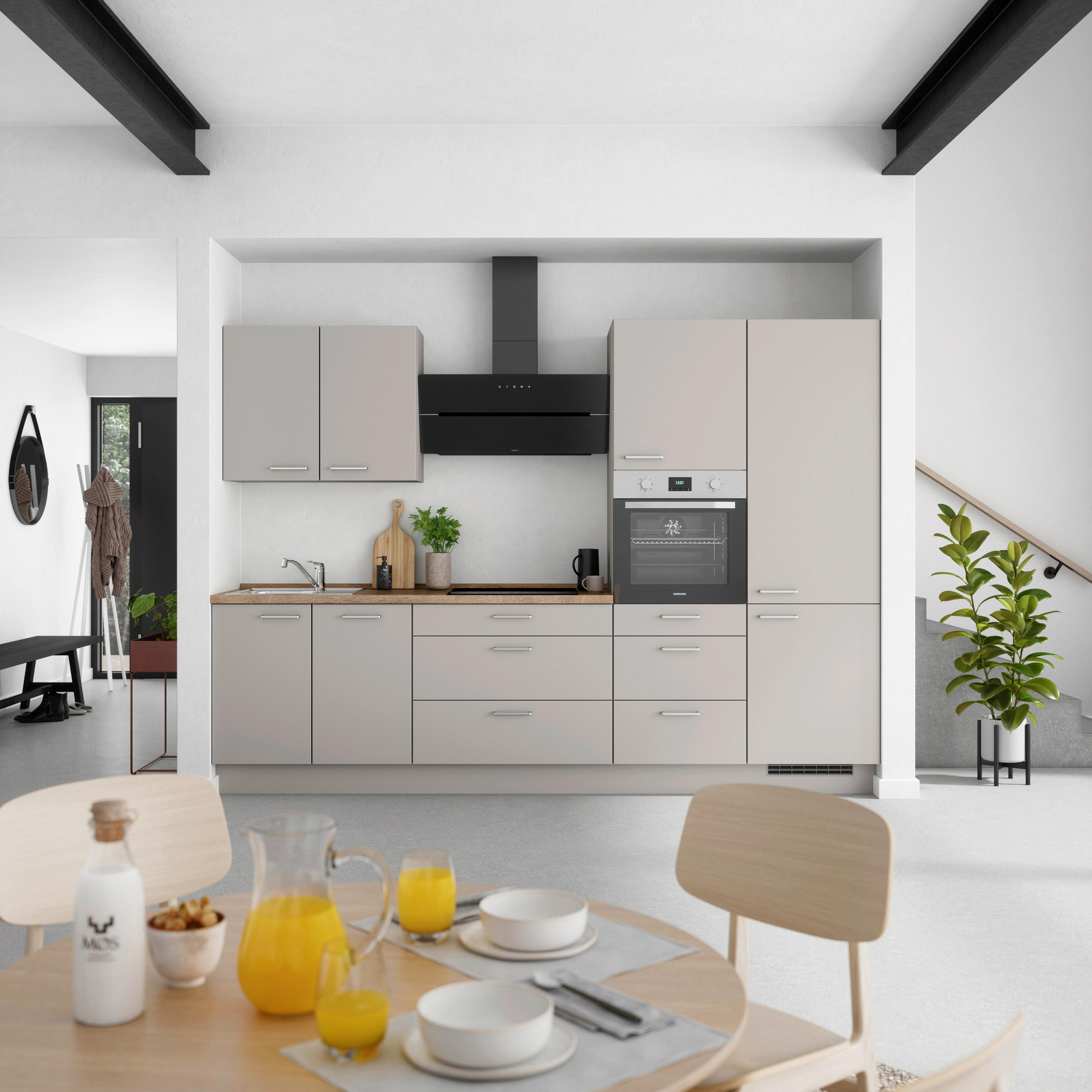 KÜCHENBLOCK 300 cm   in Grau, Eiche dunkel  - Eiche dunkel/Edelstahlfarben, MODERN, Holzwerkstoff/Metall (300cm) - Nobilia