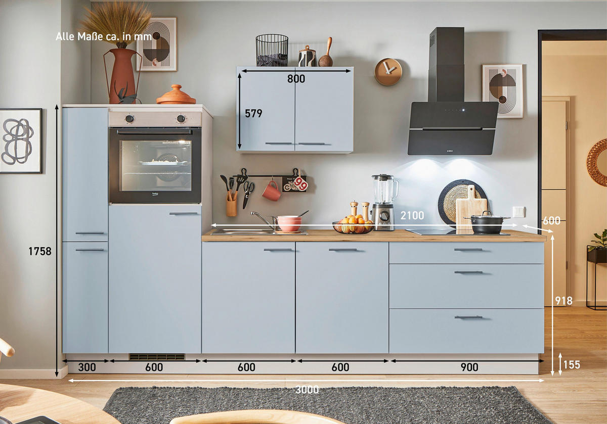 KÜCHENBLOCK PN 105 300 cm  in Eichefarben, Kaschmir, Pastellblau  - Kaschmir/Edelstahlfarben, Design, Holzwerkstoff/Metall (300cm) - Pino