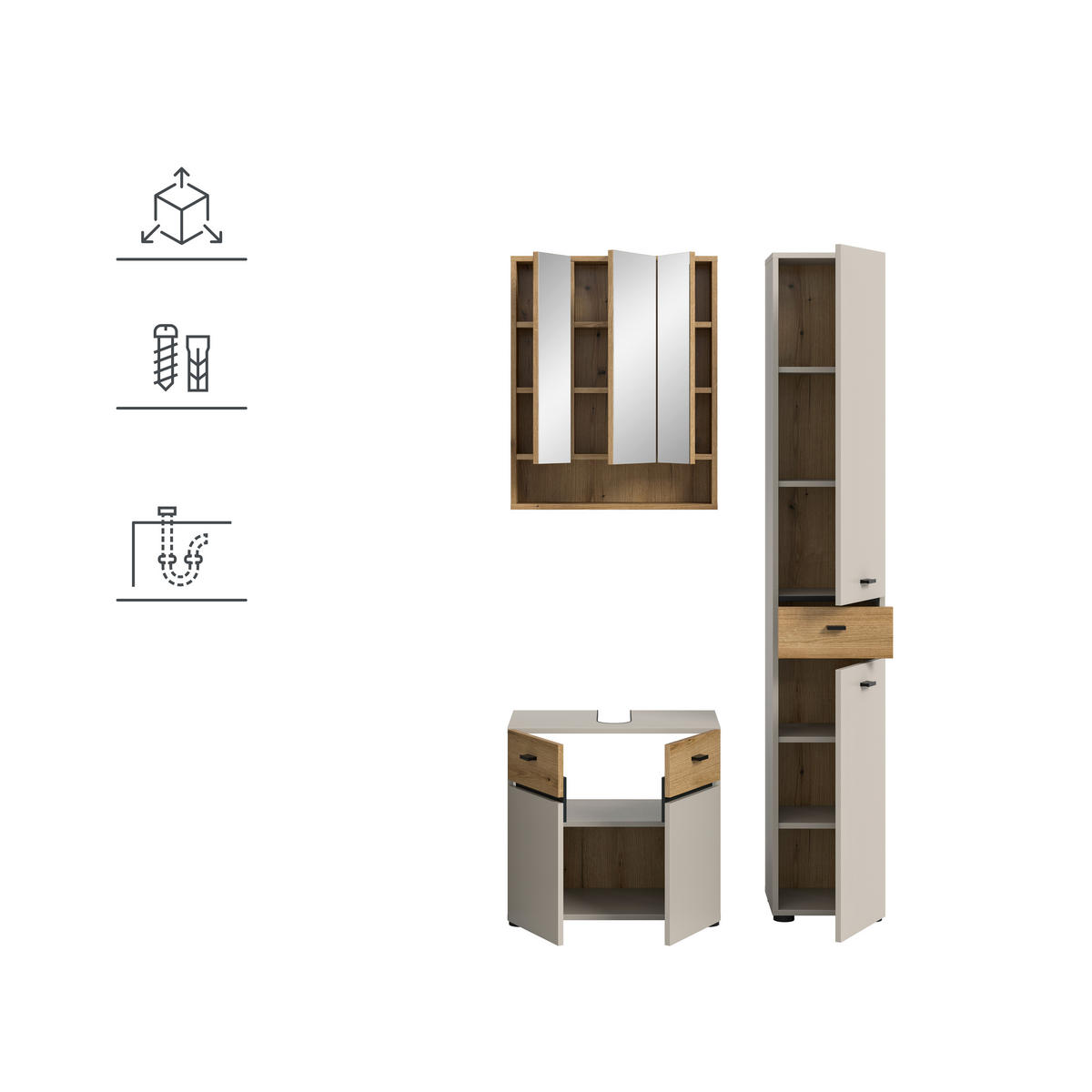 BADEZIMMER 3-teilig  in 92 cm  - Kaschmir/Eichefarben, Trend, Glas/Holzwerkstoff (92cm) - MID.YOU