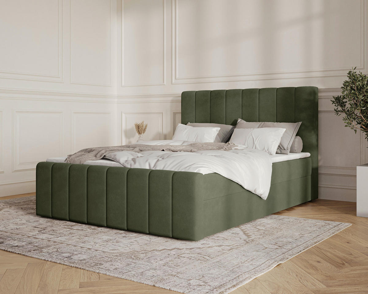 BOXBETT 160/200 cm,  in Olivgrün, Bettkasten, Topper, H2 + H3 = mittel + fest  - Schwarz/Olivgrün, MODERN, Holz/Kunststoff (160/200cm) - Livetastic
