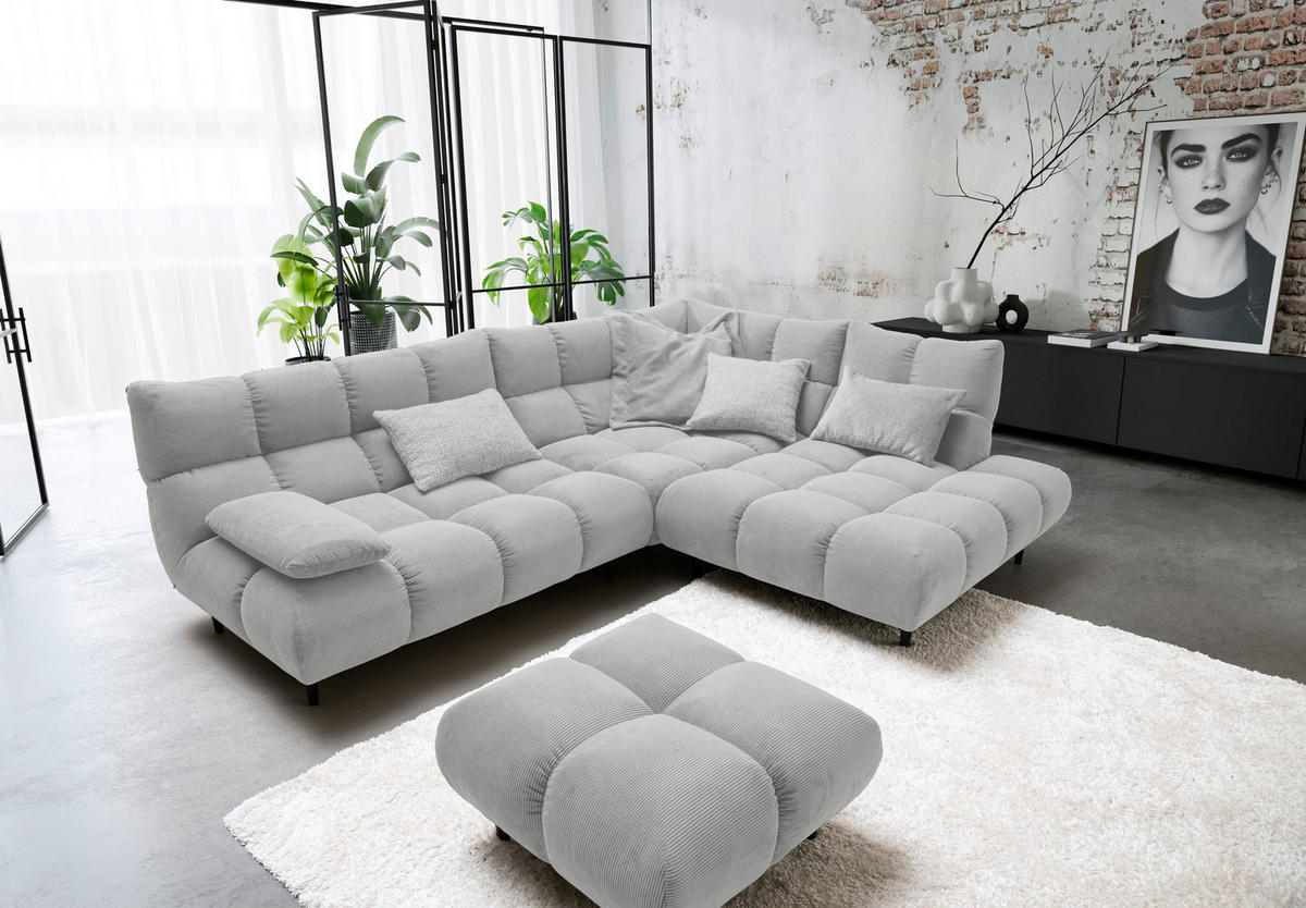 ECKSOFA Ottomane rechts, Eckteil  Silberfarben Feincord  - Silberfarben/Schwarz, Design, Holz/Textil (288/215cm) - Pure Home Lifestyle