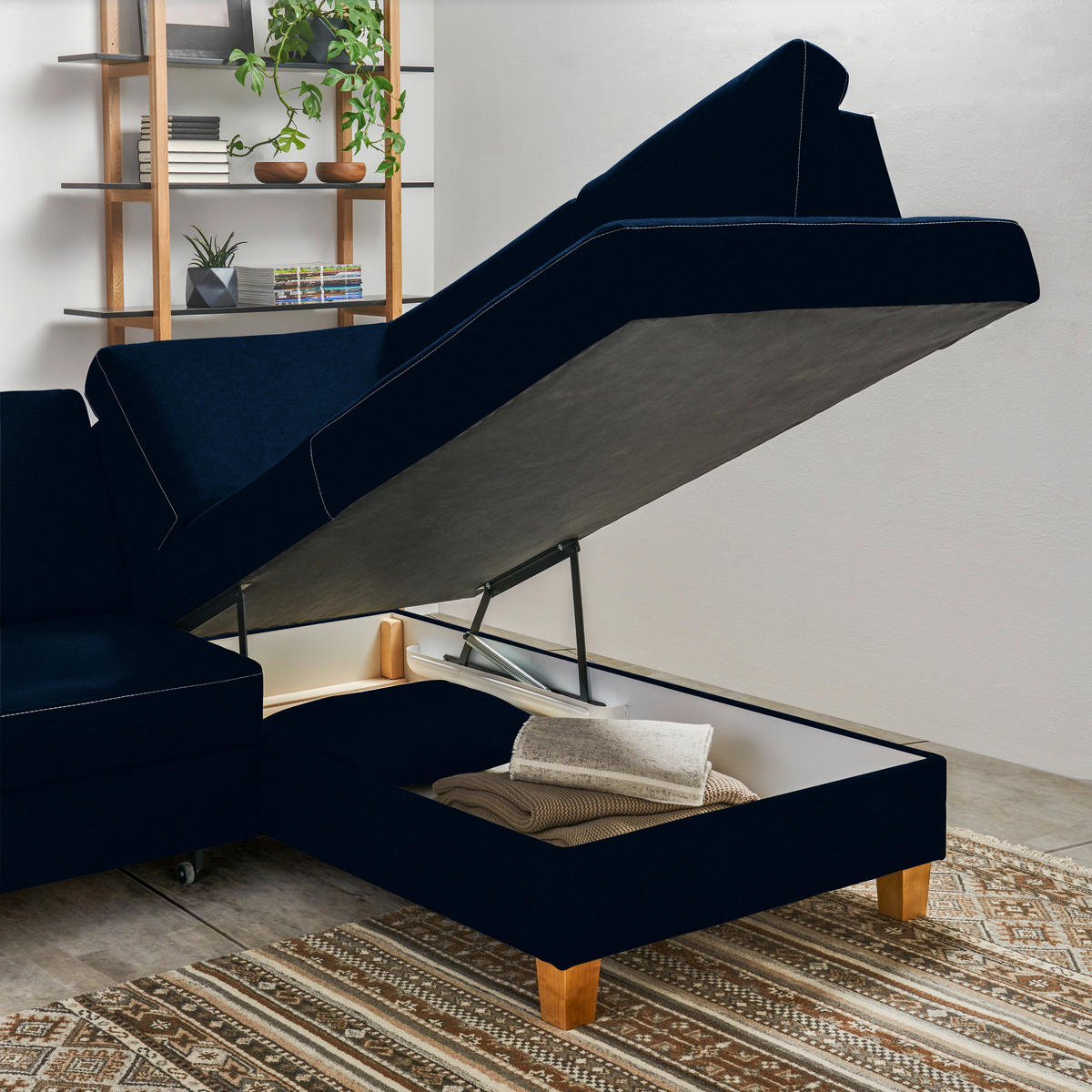 ECKSOFA in Flachgewebe Dunkelblau  - Eichefarben/Dunkelblau, Design, Holz/Textil (253/185cm) - Cantus