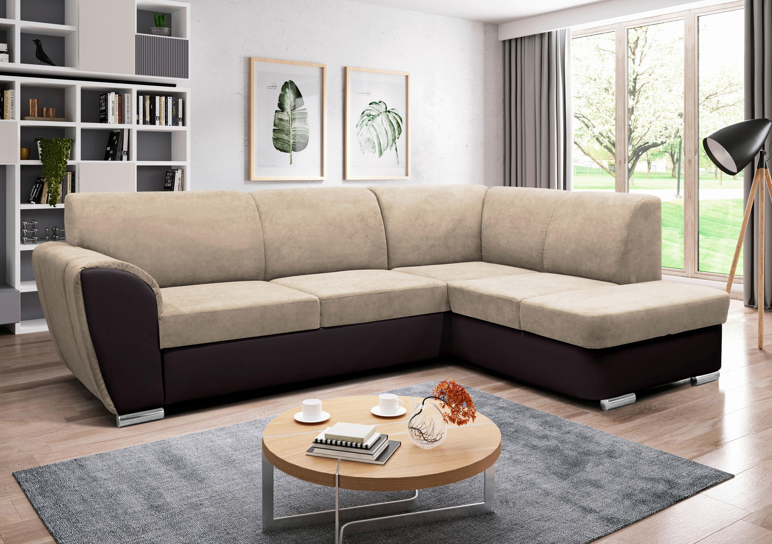 ECKSOFA in Velours Dunkelbraun, Beige  255/196 cm  - Dunkelbraun/Beige, Design, Kunststoff/Textil (255/196cm) - MID.YOU