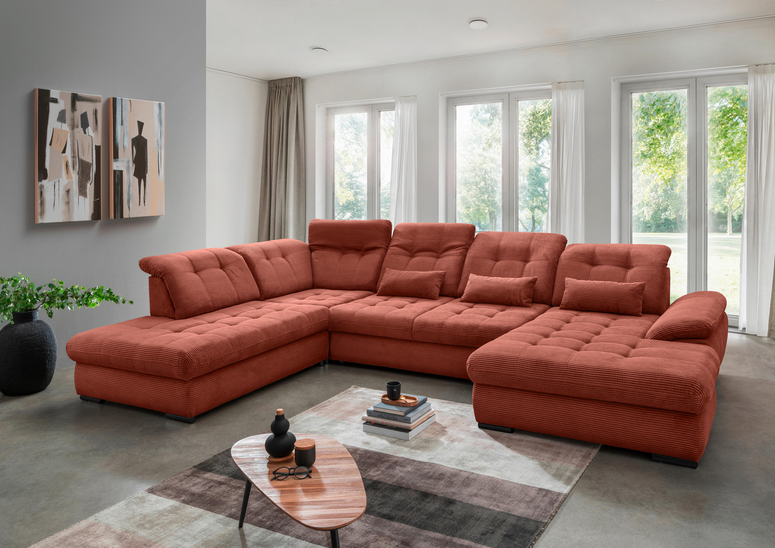 WOHNLANDSCHAFT in Cord Koralle  - Koralle/Schwarz, Modern, Textil/Metall (252/387/184cm) - Livetastic
