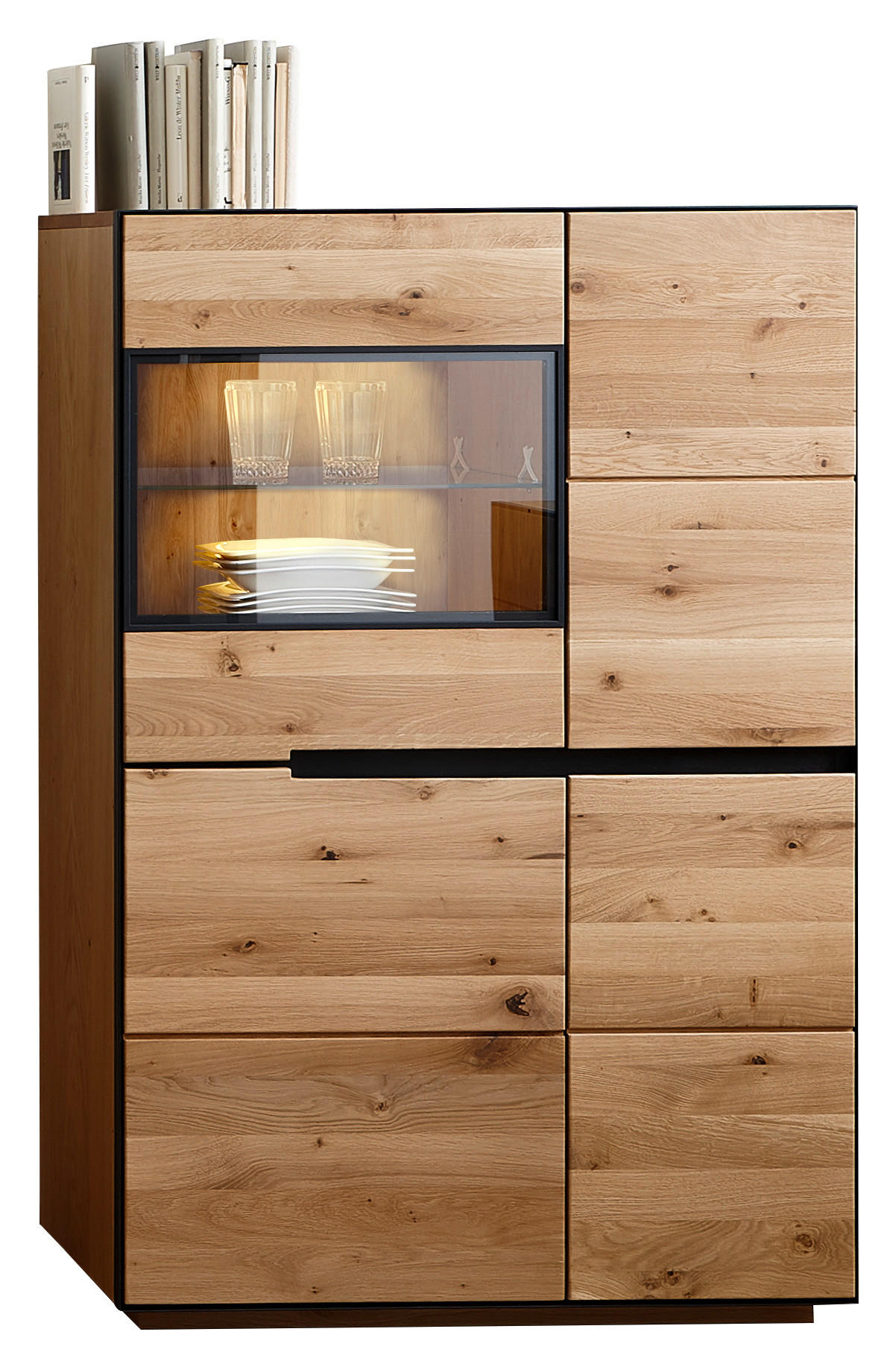 HIGHBOARD Eiche furniert, massiv Anthrazit, Eichefarben - Eichefarben/Anthrazit, Natur, Glas/Holz (89/136/38cm) - Linea Natura
