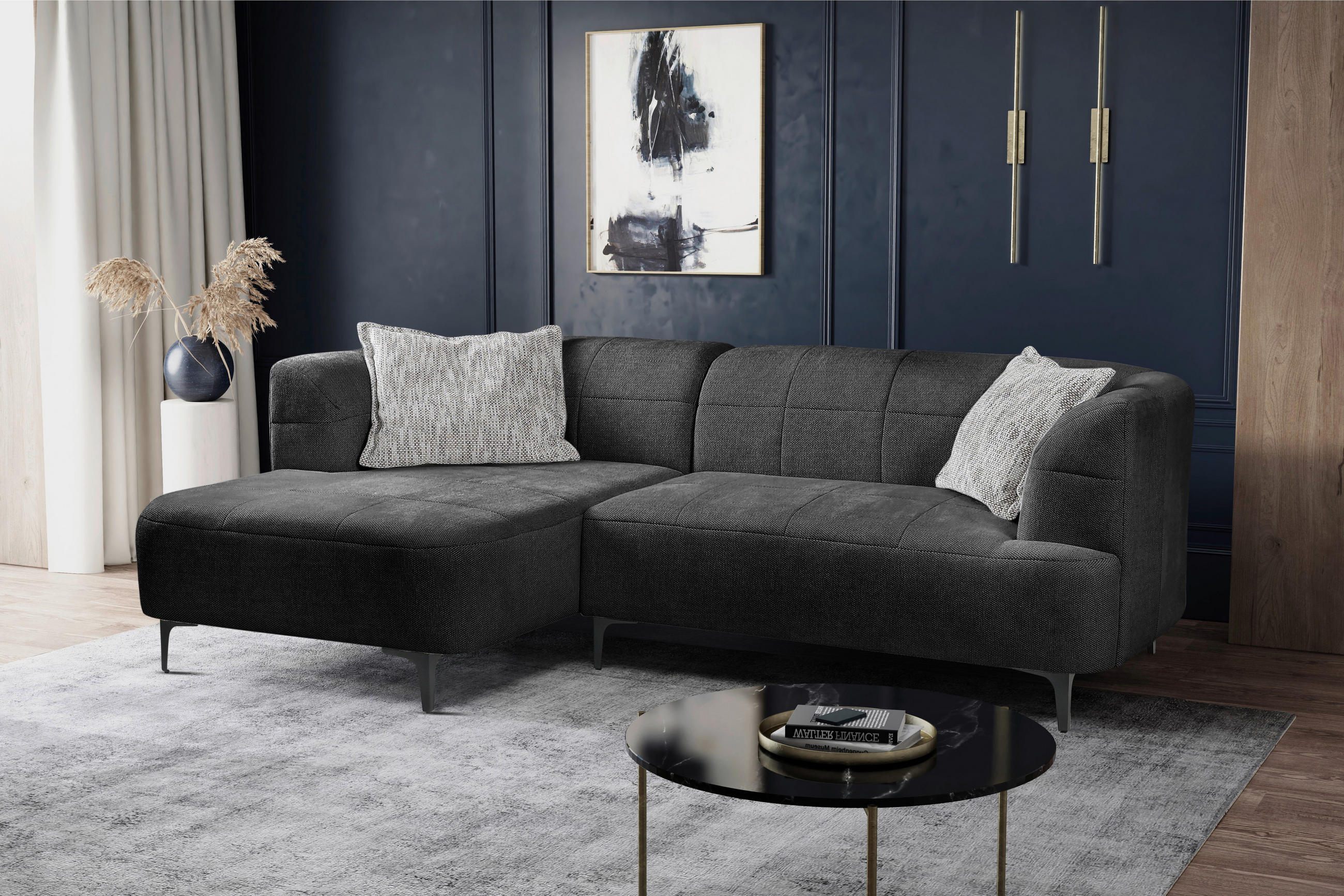 ECKSOFA in Struktur Dunkelgrün  - Dunkelgrün/Schwarz, Design, Textil/Metall (158/247cm) - MID.YOU