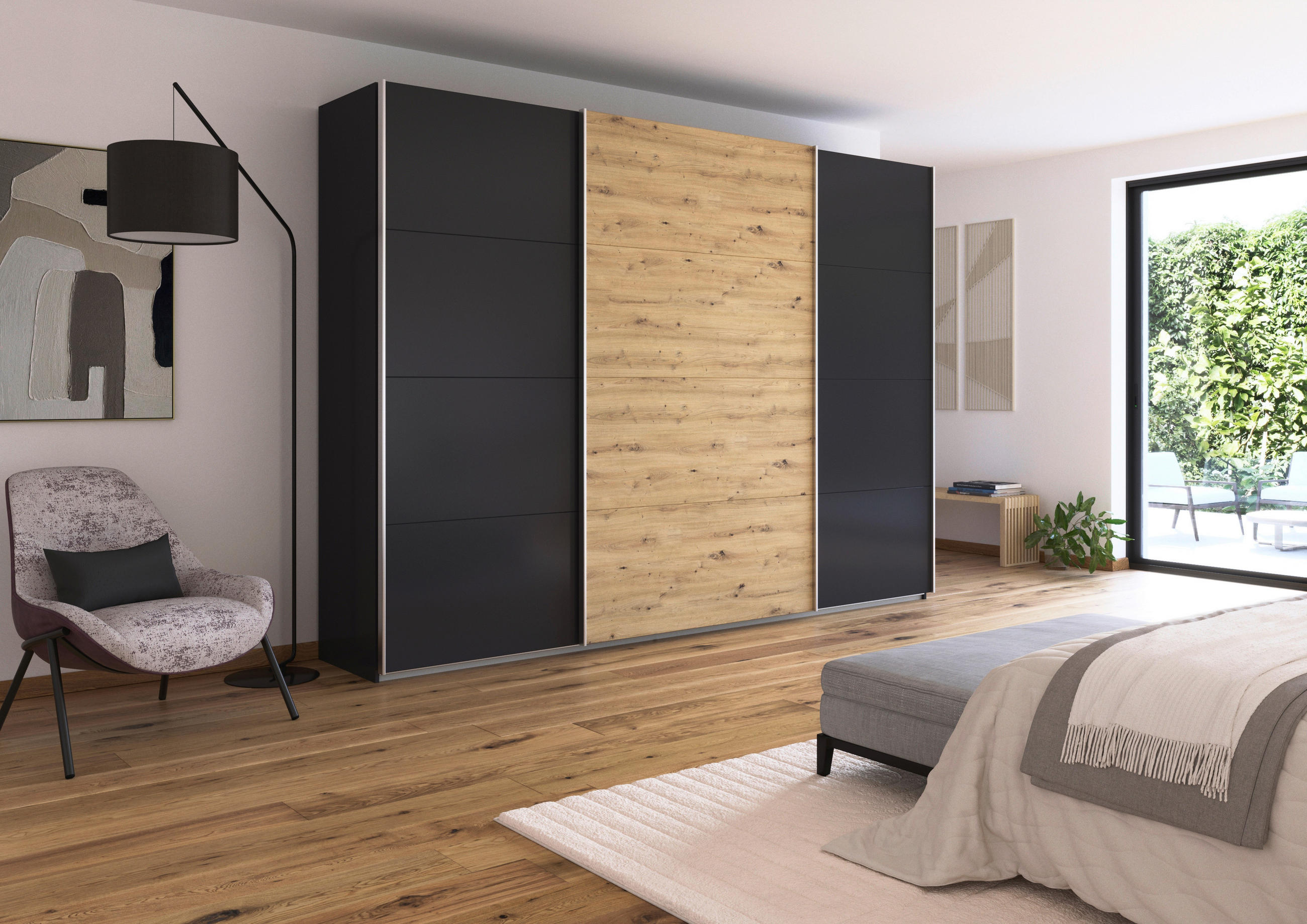 SCHWEBETÜRENSCHRANK  in Dunkelgrau, Eiche Artisan  - Dunkelgrau/Alufarben, KONVENTIONELL, Holzwerkstoff/Metall (315/210/62cm) - Xora