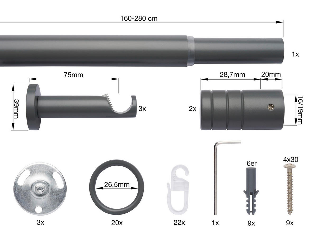 VORHANGSTANGENSET  160 cm  - Dunkelgrau, Basics, Metall (160cm)