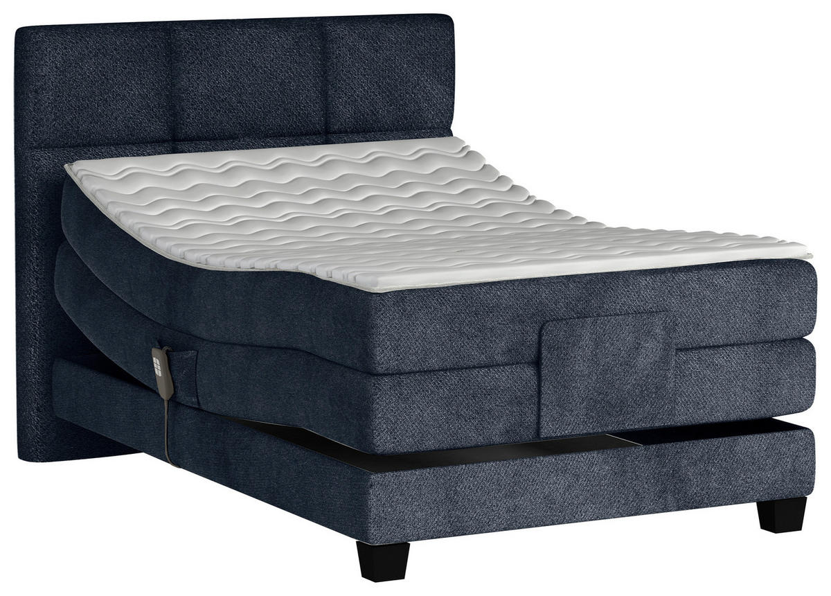 BOXSPRINGBETT 120/200 cm,  in Dunkelblau, Matratze, Topper, motorische Verstellbarkeit, Fernbedienung, H3 = fest  - Schwarz/Dunkelblau, KONVENTIONELL, Holz/Kunststoff (120/200cm) - Chameo