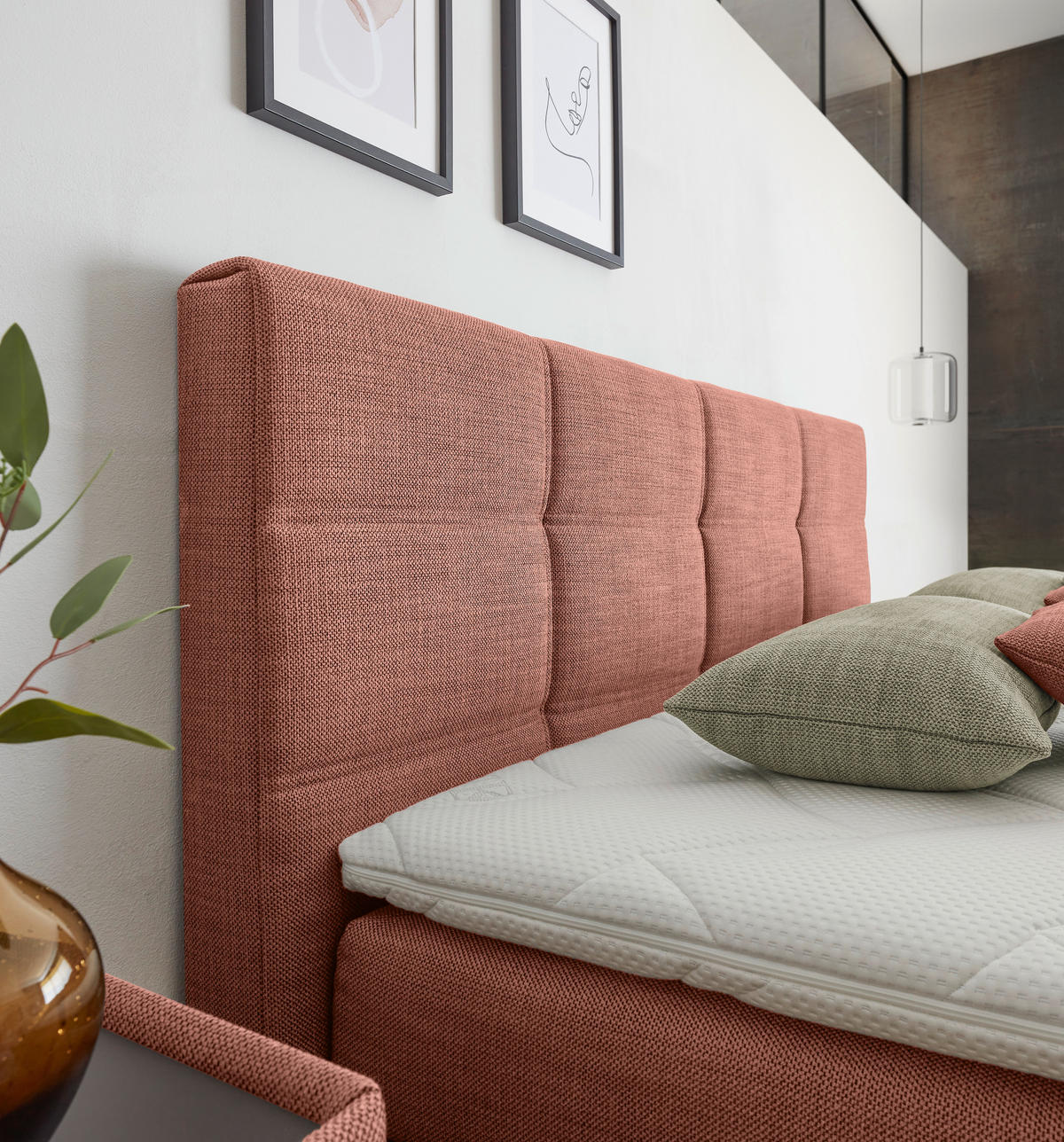BOXSPRINGBETT 200/200 cm,  in Lachsfarben, Topper, Matratzen, unterschiedliche Matratzenhärtegrade je Bettseite, H2 + H3 = mittel + fest  - Schwarz/Lachsfarben, Design, Kunststoff/Textil (200/200cm) - Dieter Knoll