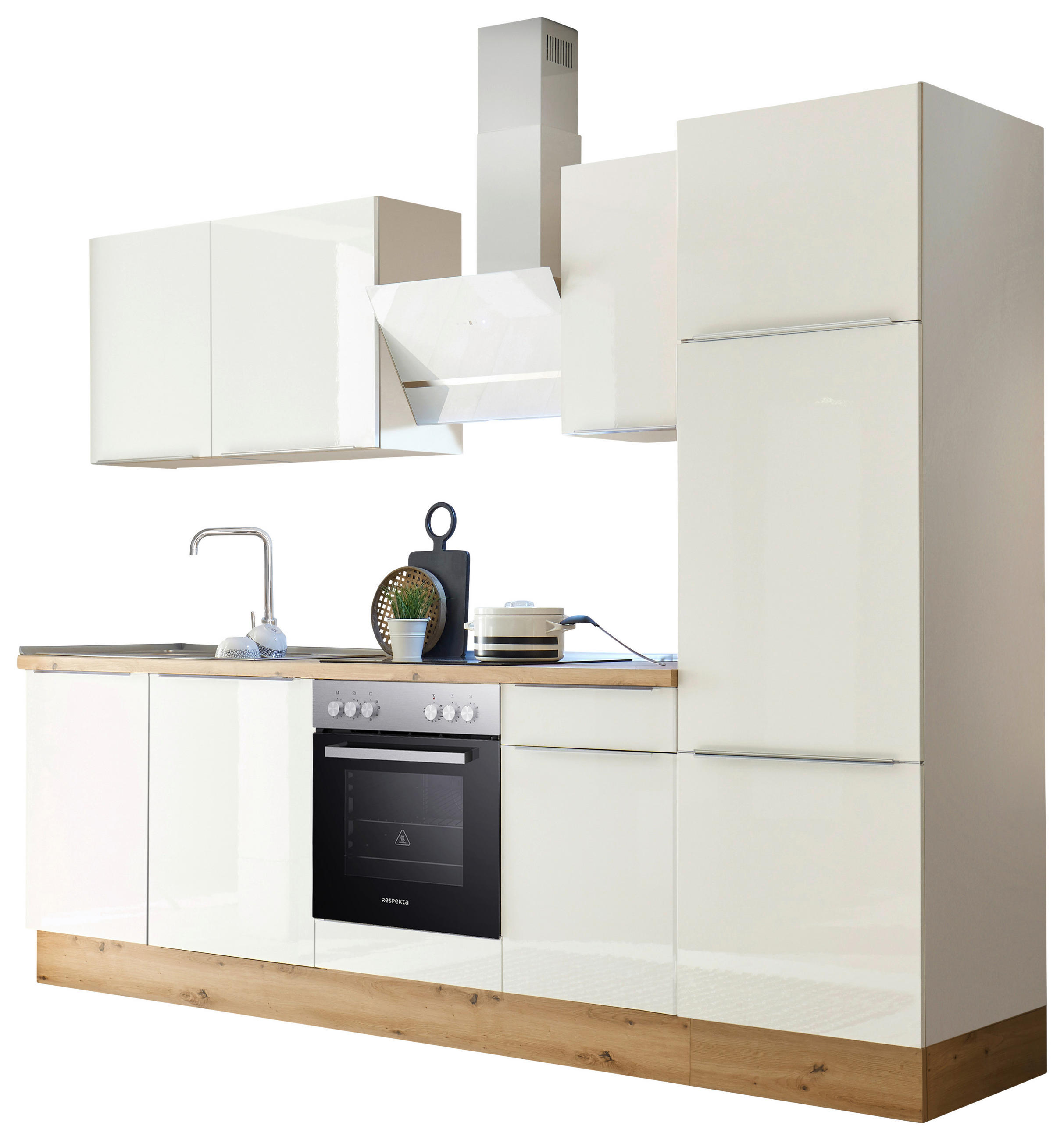 KÜCHENBLOCK 280 cm Weiß, Weiß Hochglanz E-Geräte, Spüle, Soft-Close-System, Besteckeinsatz, Geschirrspüler, Kühlgefrierkombination, Geschirrspülerblende, Dunstabzug, Ab- und Überlaufgarnitur   - Weiß Hochglanz/Alufarben, LIFESTYLE, Kunststoff (280cm) - Respekta