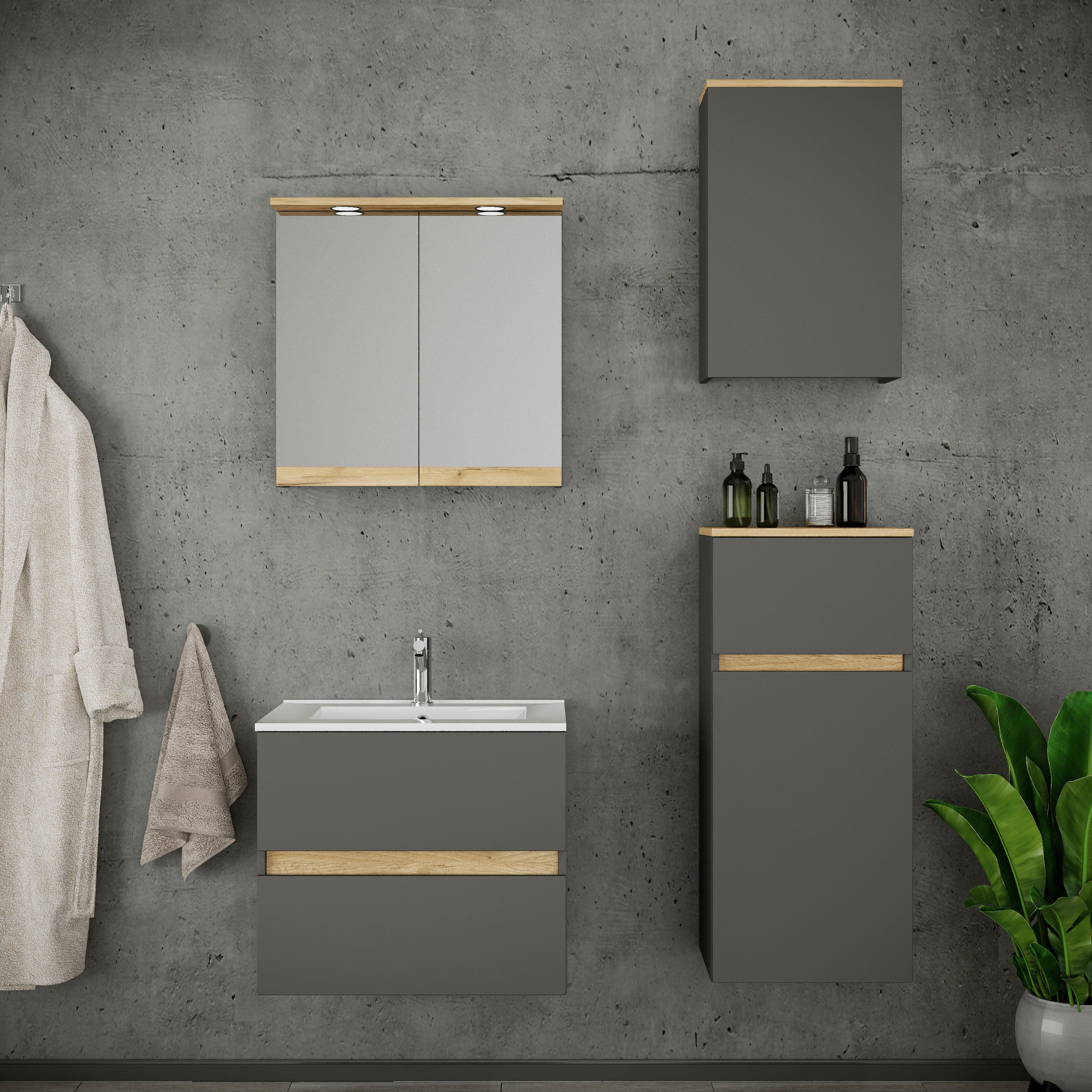 BADEZIMMER 5-teilig 101 cm  - Honigeiche/Weiss, Trend, Keramik/Holzwerkstoff (101cm) - MID.YOU