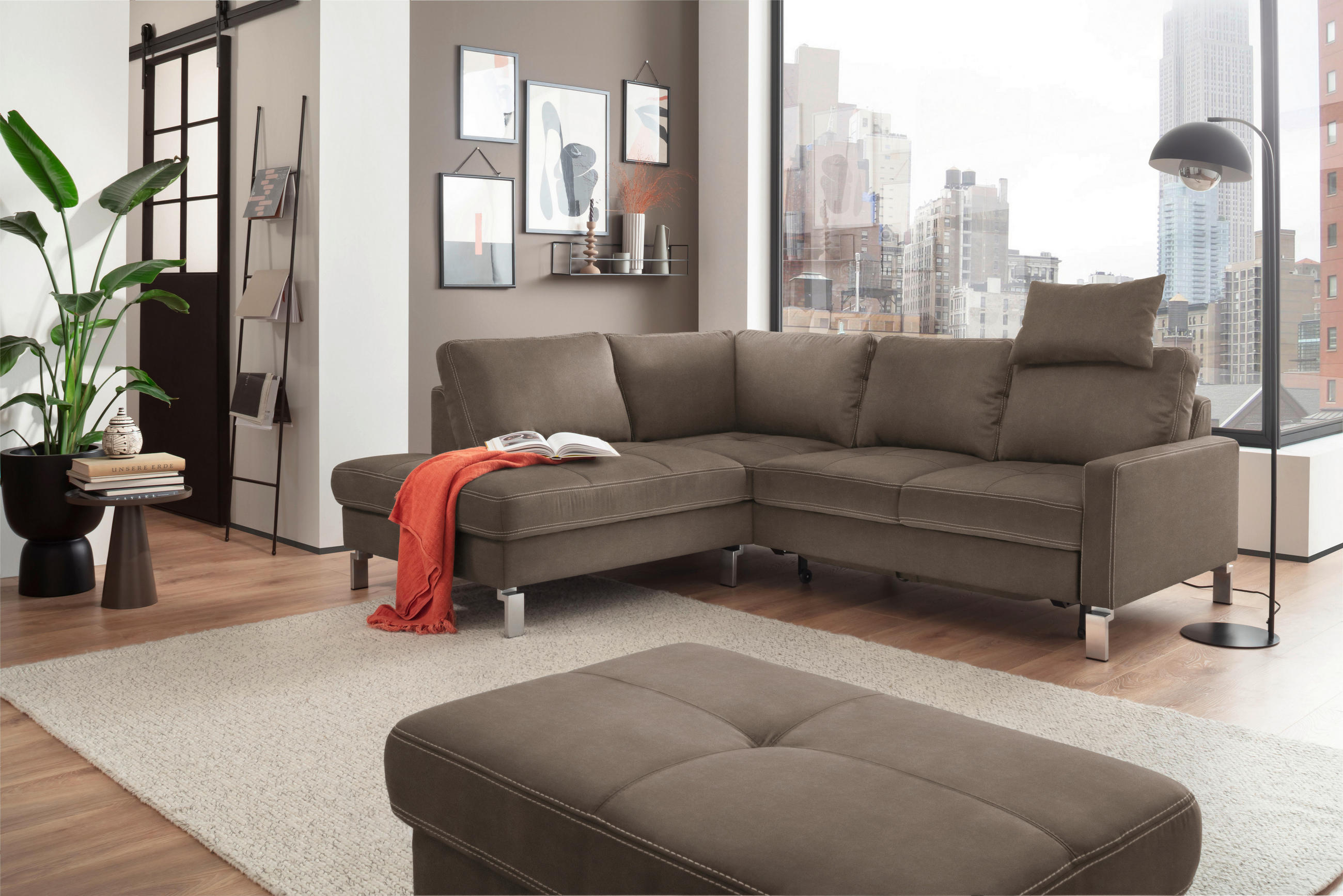 ECKSOFA in Mikrofaser Hellbraun  - Chromfarben/Hellbraun, Design, Textil/Metall (200/229cm) - Pure Home Lifestyle