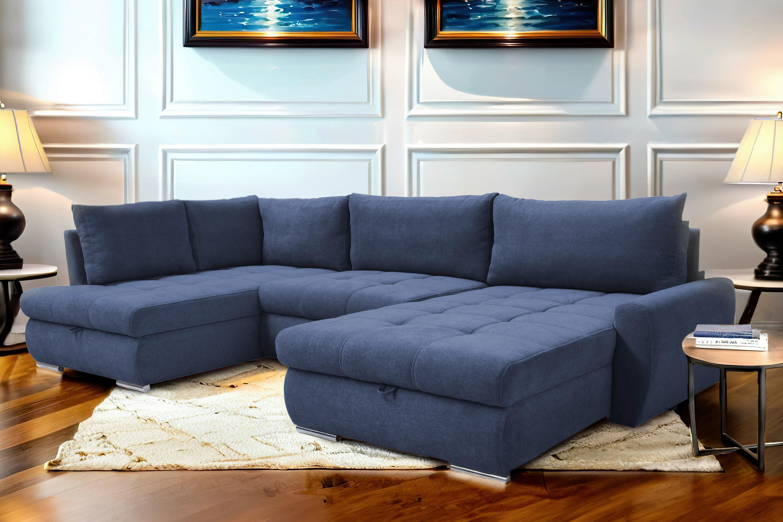 ECKSOFA in Velours Dunkelblau  - Chromfarben/Dunkelblau, Design, Kunststoff/Textil (173/322/174cm) - Livetastic
