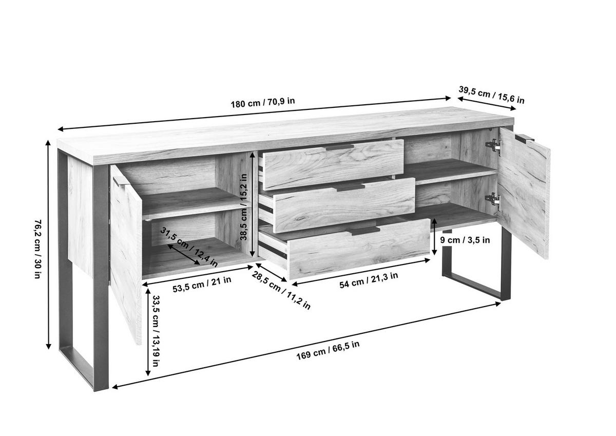 SIDEBOARD  180/76,2/39,5 cm 3 Schublade(n)  - Schwarz, KONVENTIONELL, Holzwerkstoff/Metall (180/76,2/39,5cm) - MID.YOU