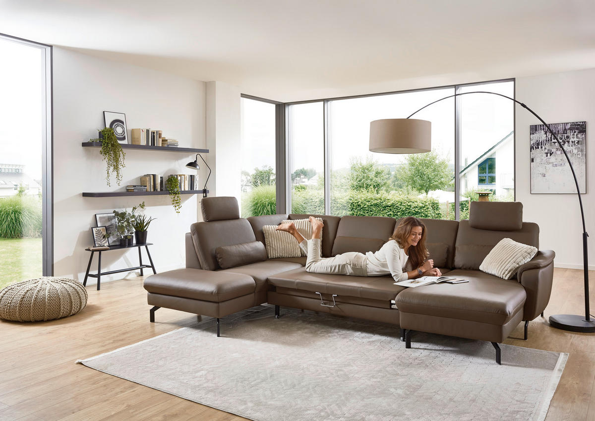 WOHNLANDSCHAFT Beldomo premium Braun Echtleder  - Schwarz/Braun, KONVENTIONELL, Leder/Metall (224/306/168cm) - Beldomo Premium