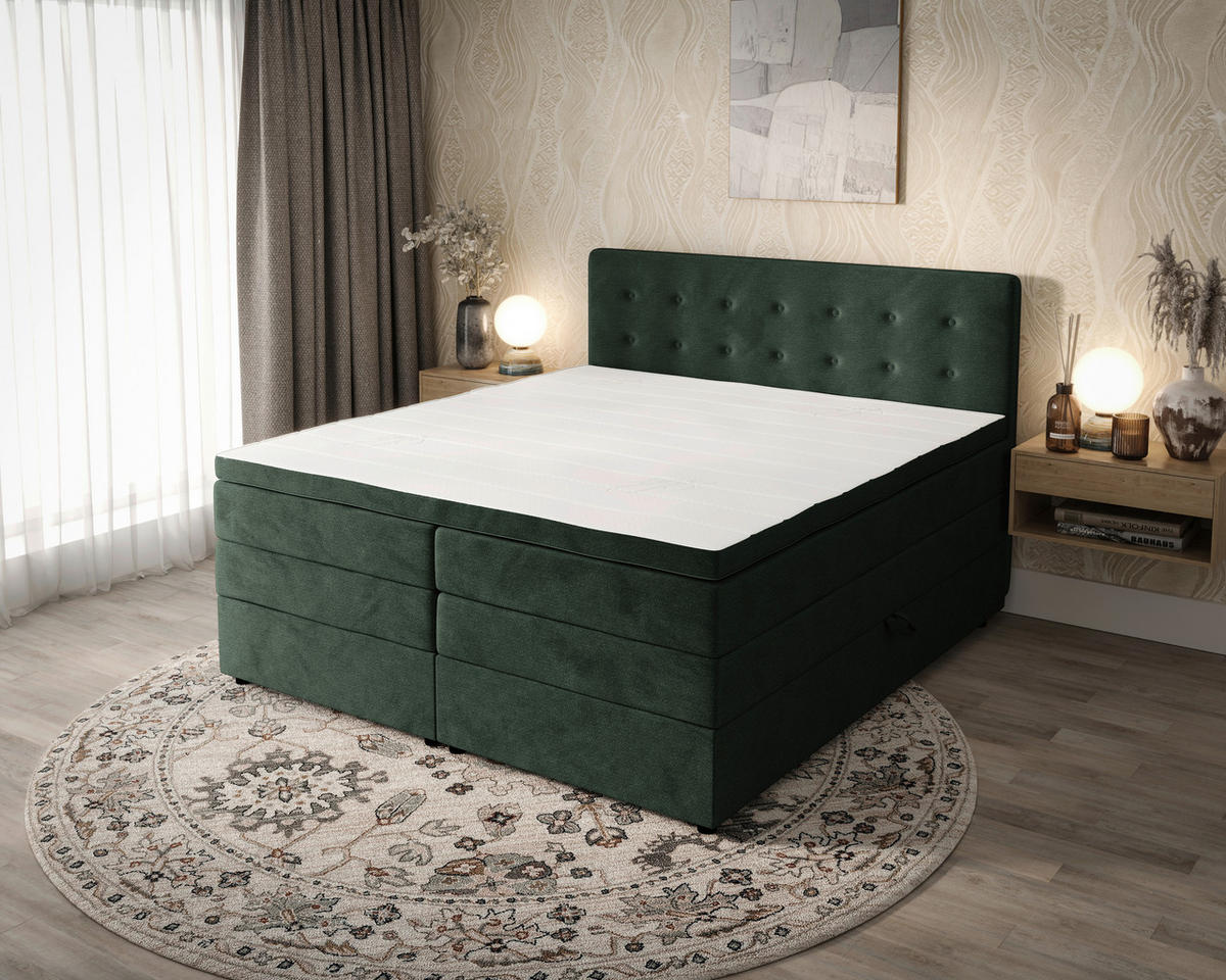 BOXSPRINGBETT 200/200 cm,  in Waldgrün, gepolstertes Kopfteil, Bettkasten, Topper, Matratzen, H3 + H4 = fest + sehr fest  - Waldgrün/Schwarz, KONVENTIONELL, Kunststoff/Textil (200/200cm) - Chameo