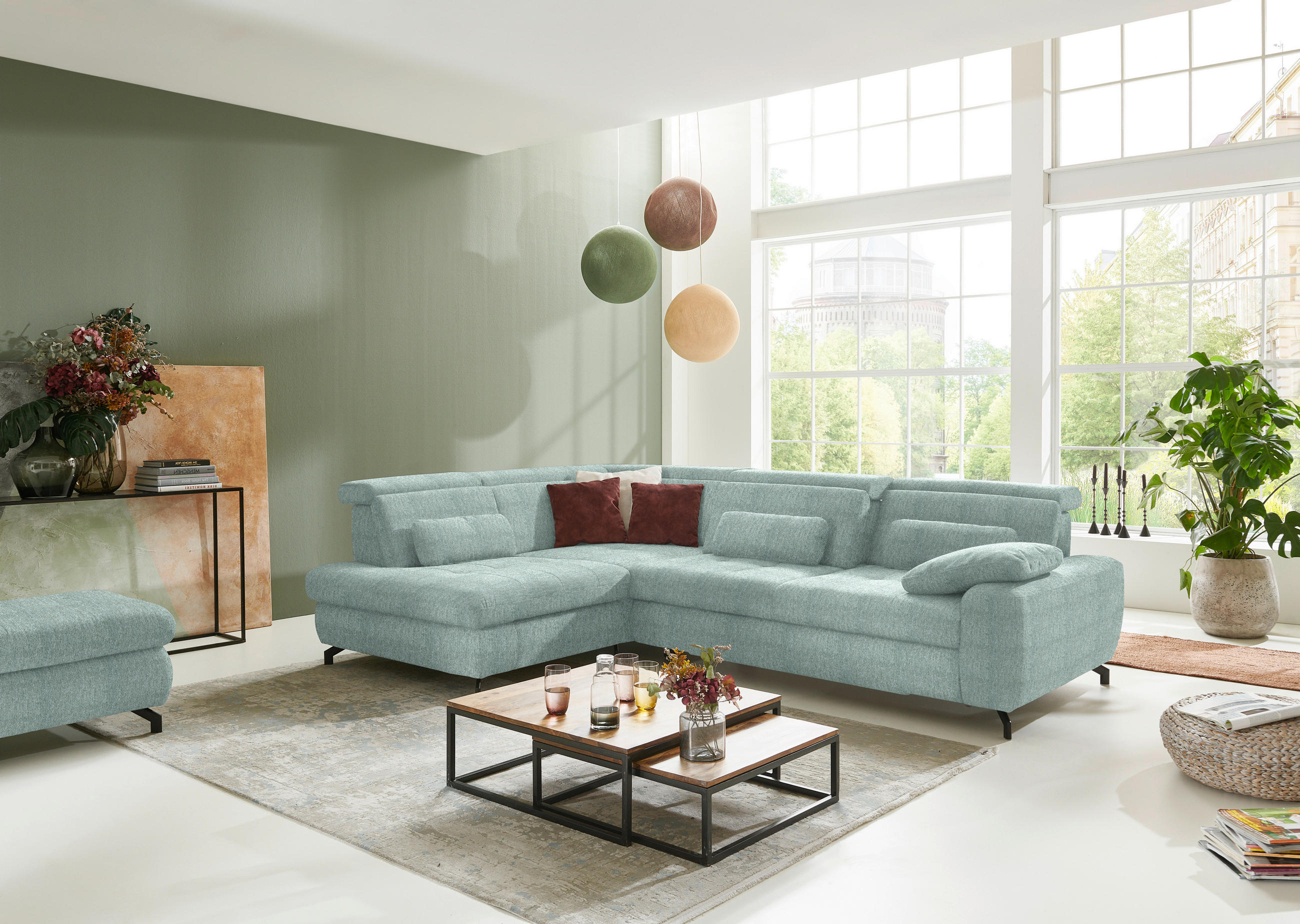 ECKSOFA in Chenille Mintgrün  - Schwarz/Mintgrün, Design, Textil/Metall (220/310cm) - Beldomo Style