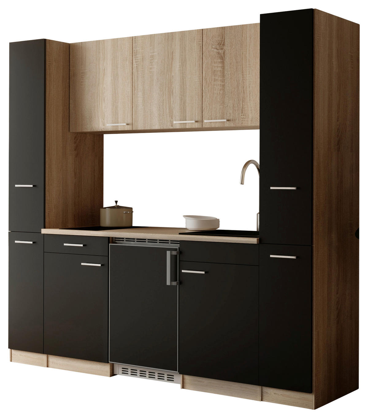 KÜCHENBLOCK Ingrid 210 cm  in Schwarz  - Eichefarben/Alufarben, Design, Holzwerkstoff/Kunststoff (210cm) - Respekta