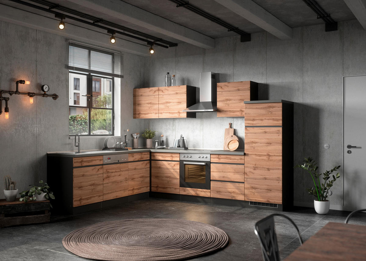 Eckküche Turin mit Geräten 240/300 cm  in Graphitfarben, Eiche Wotan  - Eiche Wotan/Graphitfarben, Design, Holzwerkstoff (240/300cm) - Held