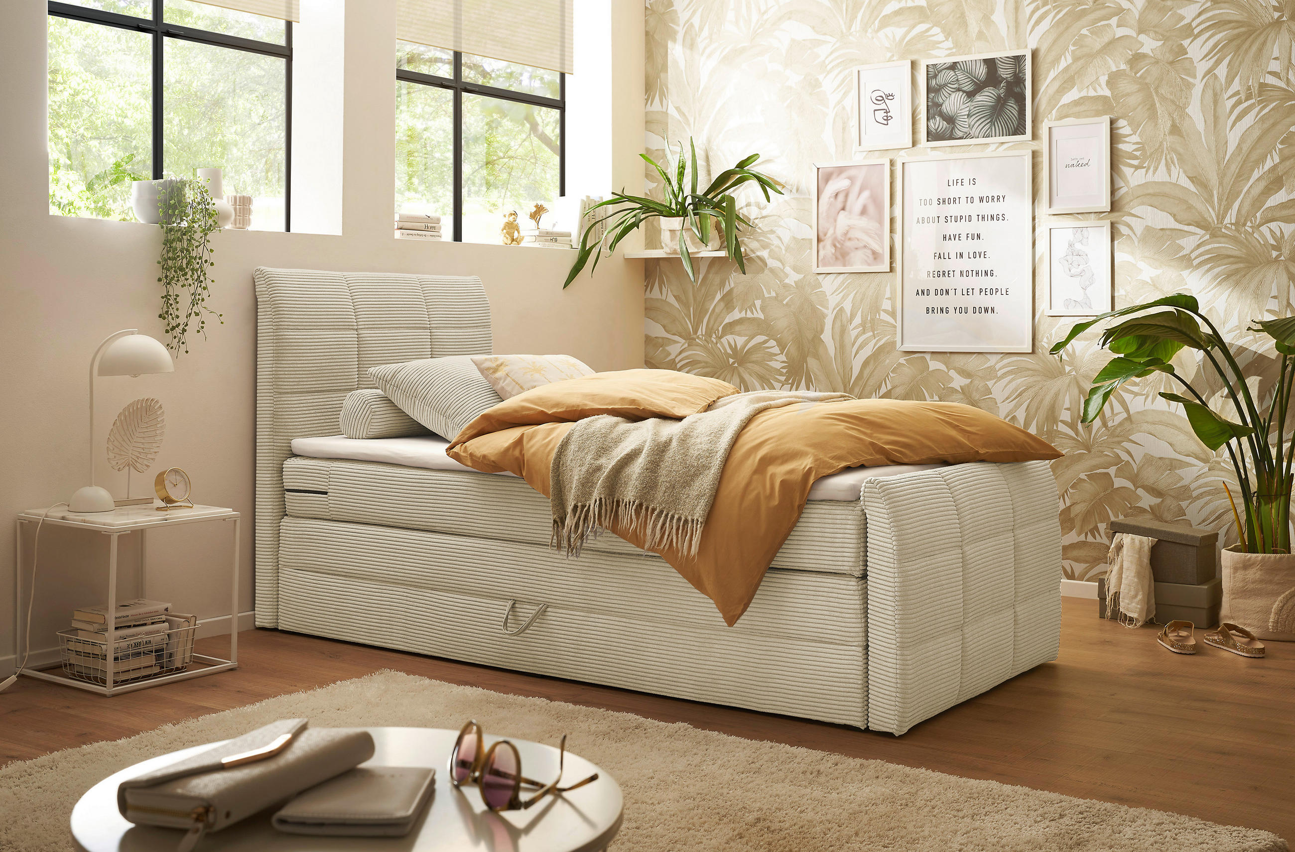 BOXSPRINGBETT 100/200 cm  in Creme  - Creme/Schwarz, MODERN, Holzwerkstoff/Kunststoff (100/200cm) - MID.YOU