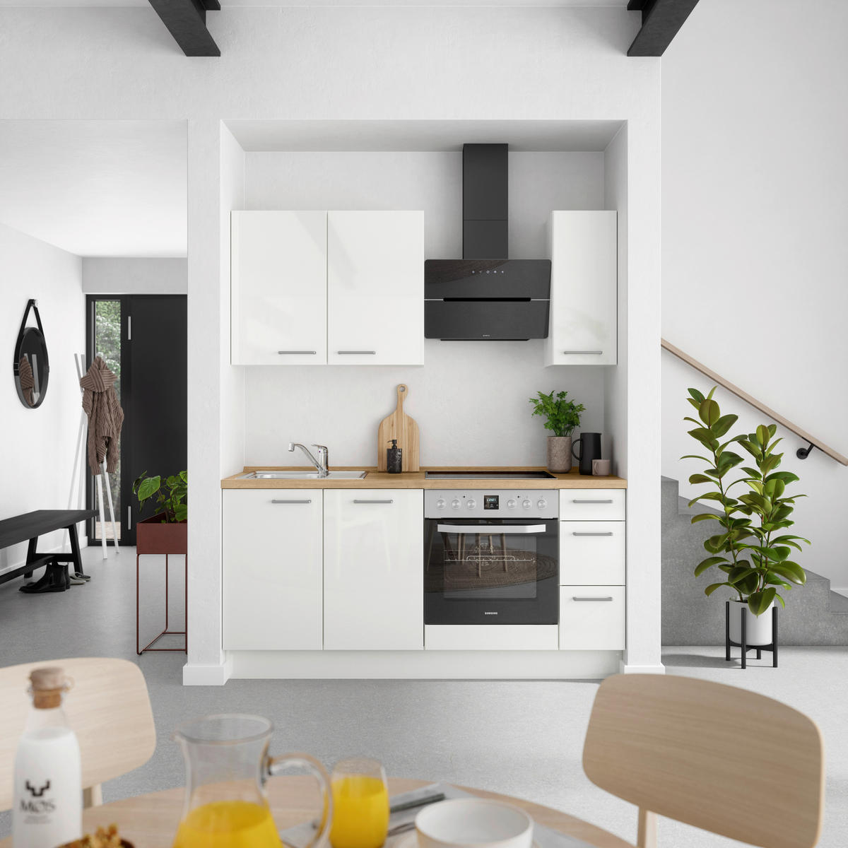 KÜCHENLEERBLOCK 180 cm   in Eichefarben, Weiß Hochglanz  - Edelstahlfarben/Eichefarben, MODERN, Holzwerkstoff/Metall (180cm) - Nobilia