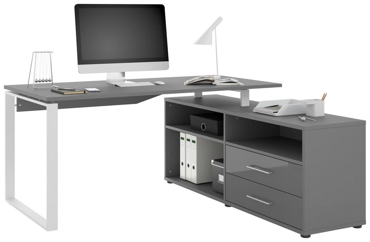 ECKSCHREIBTISCH 160/158/75 cm  in Weiß, Dunkelgrau  - Dunkelgrau/Weiß, Basics, Holzwerkstoff/Metall (160/158/75cm) - Novel