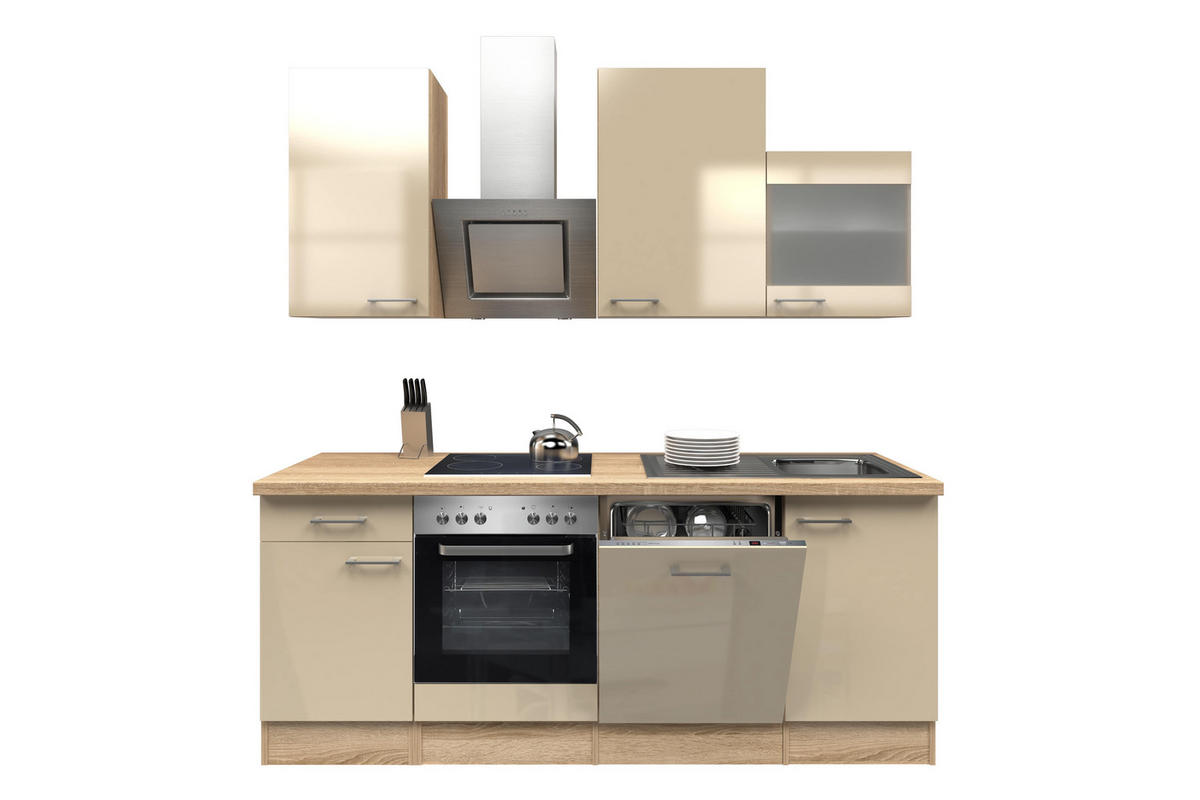 KÜCHENBLOCK 220 cm   in Kaschmir  - Kaschmir/Edelstahlfarben, MODERN, Glas/Holzwerkstoff (220cm) - FlexWell