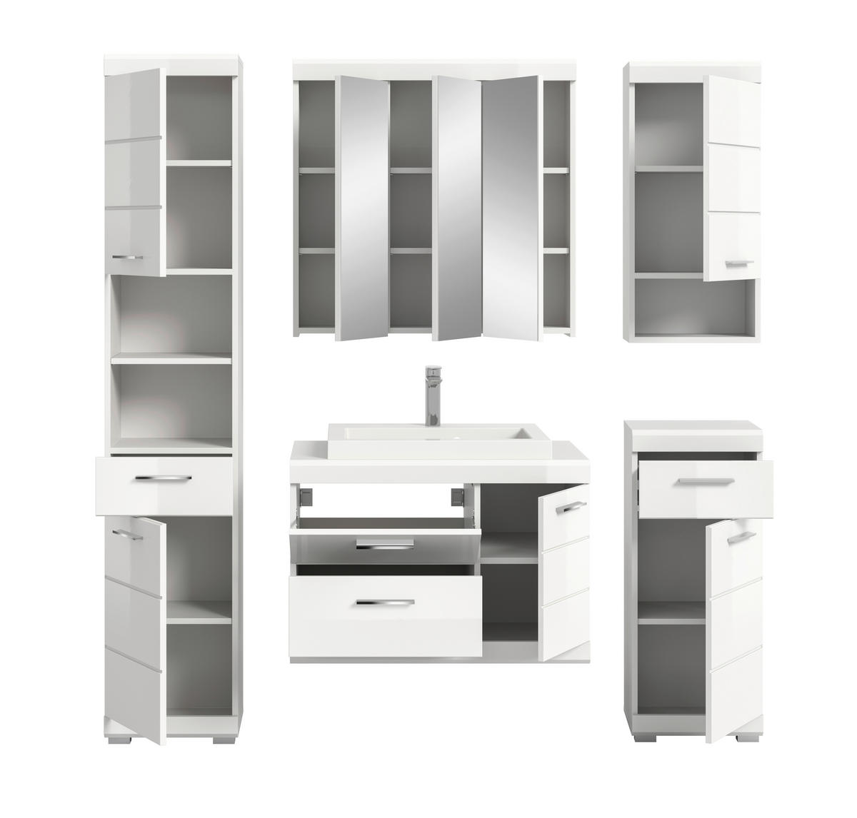 BADEZIMMER 6-teilig  in 184 cm  - Weiß Hochglanz/Silberfarben, Trend, Glas/Holzwerkstoff (184cm) - MID.YOU