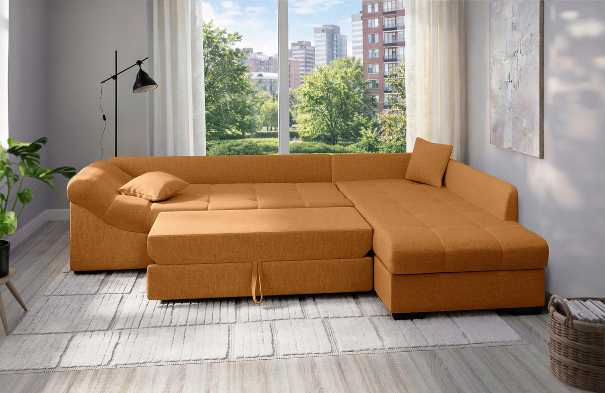 ECKSCHLAFSOFA in Goldfarben Textil   - Goldfarben/Schwarz, Modern, Holz/Textil (298/202cm) - MID.YOU