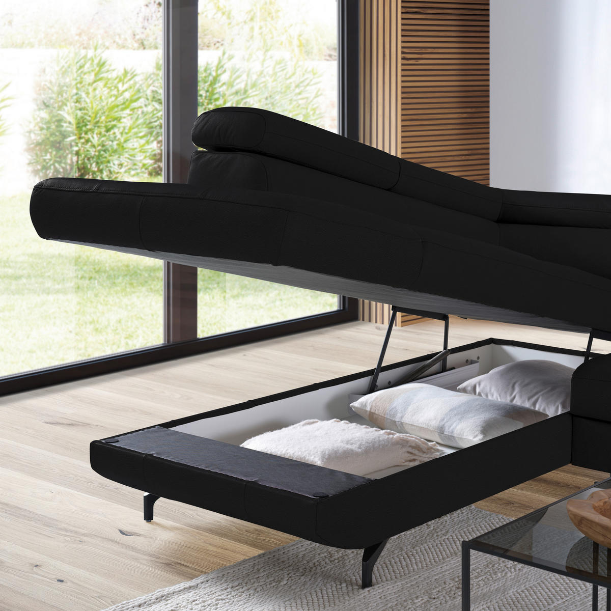 ECKSOFA in Echtleder Schwarz  - Schwarz, Design, Leder/Metall (220/270cm) - Novel