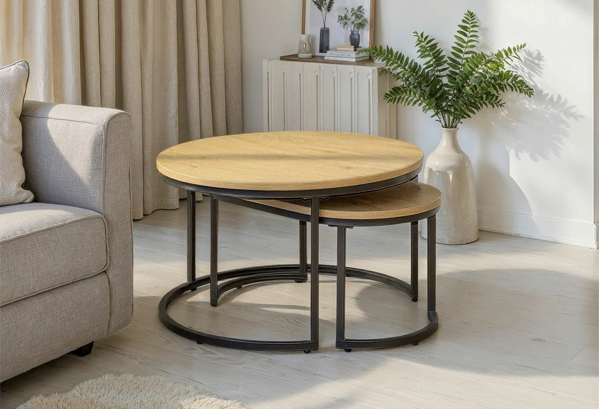 COUCHTISCH Spiro rund Schwarz, Wildeiche  - Wildeiche/Schwarz, Design, Holzwerkstoff/Metall (70/70/42cm) - MID.YOU