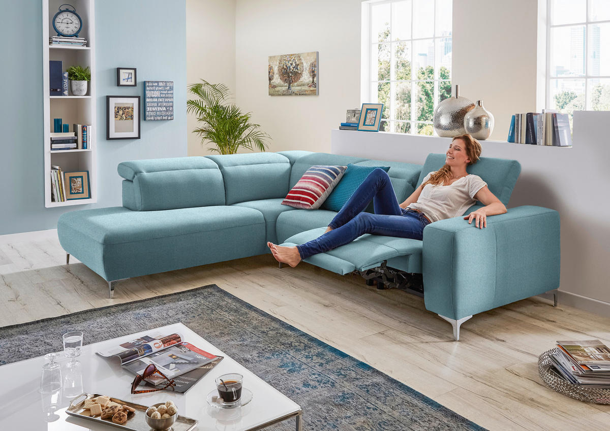 ECKSOFA Hellblau Flachgewebe  - Hellblau, Design, Textil/Metall (290/238cm) - Pure Home Lifestyle