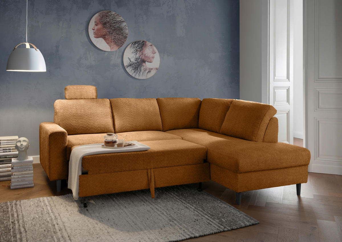 ECKSCHLAFSOFA in Goldfarben Textil   - Goldfarben/Schwarz, Modern, Holz/Textil (242/200cm) - Livetastic