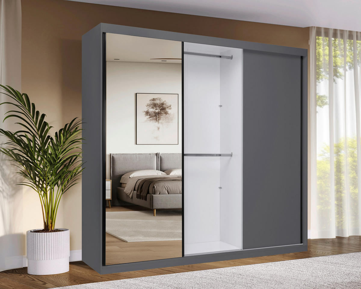 SCHIEBETÜRENSCHRANK 250/215/59,5 cm 3-türig Graphitfarben  - Graphitfarben/Schwarz, MODERN, Holzwerkstoff/Metall (250/215/59,5cm) - MID.YOU