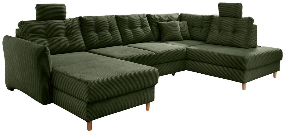 WOHNLANDSCHAFT in Cord Dunkelgrün  - Dunkelgrün/Naturfarben, Modern, Holz/Textil (176/338-352/206cm) - Livetastic