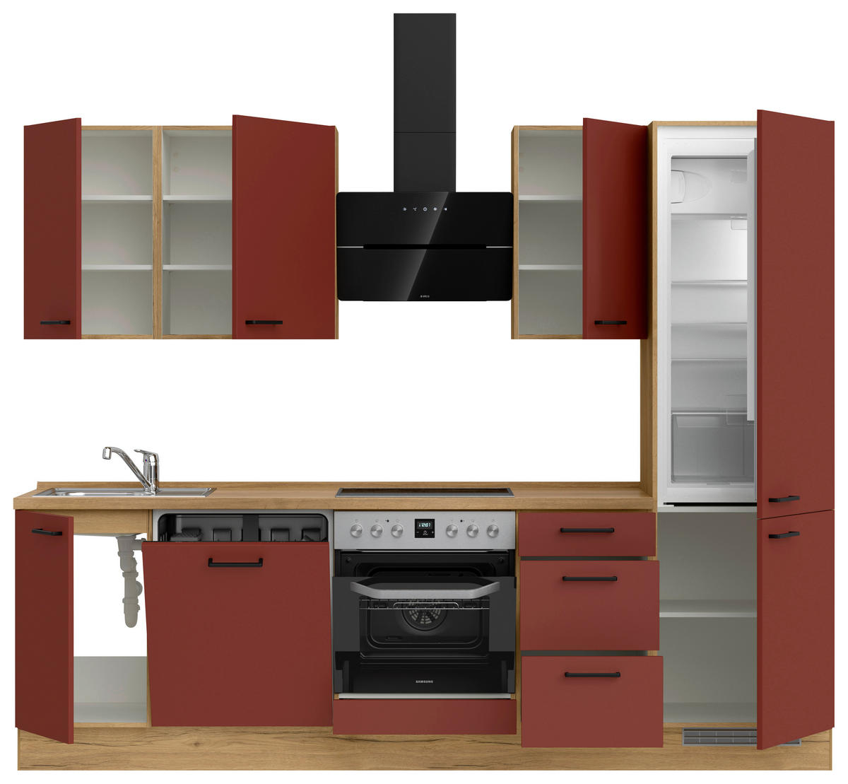 KÜCHENLEERBLOCK 270 cm   in Rot, Eichefarben  - Eichefarben/Rot, MODERN, Holzwerkstoff/Metall (270cm) - Nobilia