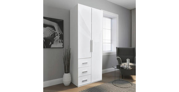 KLEIDERSCHRANK 98/219/59 cm 2-türig Weiß, Weiß Hochglanz - Weiß Hochglanz/Alufarben, KONVENTIONELL, Holzwerkstoff/Metall (98/219/59cm) - Carryhome