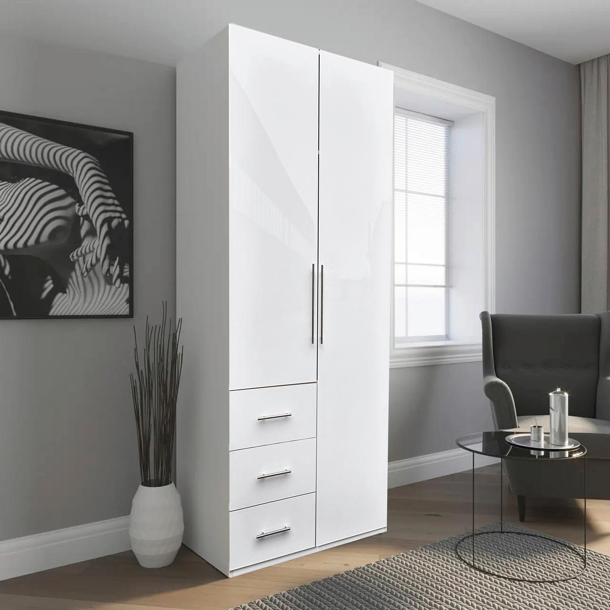 KLEIDERSCHRANK  in Weiß, Weiß Hochglanz  - Weiß Hochglanz/Alufarben, KONVENTIONELL, Holzwerkstoff/Metall (98/219/59cm) - Carryhome