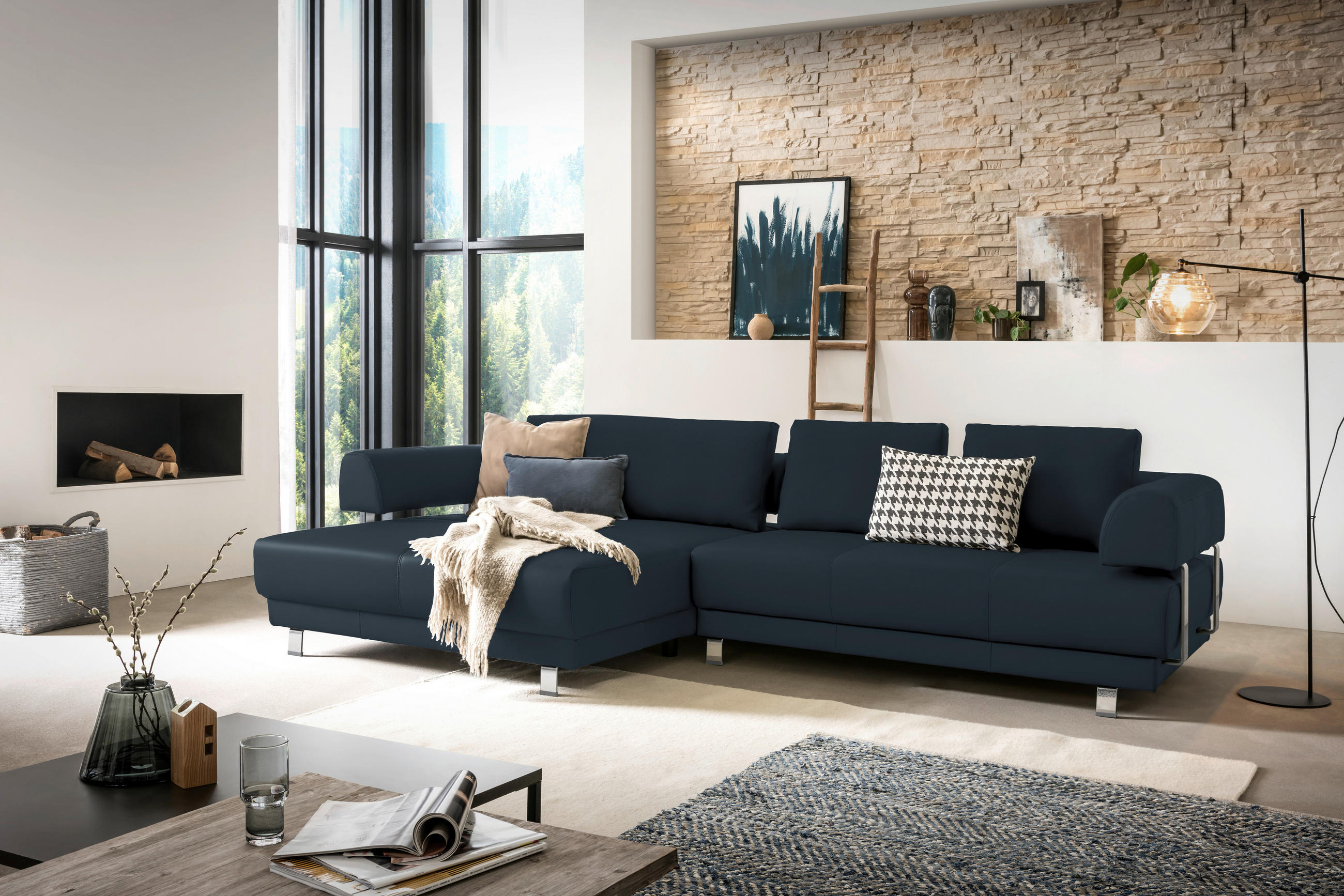 ECKSOFA Dunkelblau Echtleder  - Dunkelblau, Design, Leder/Metall (188/307cm)