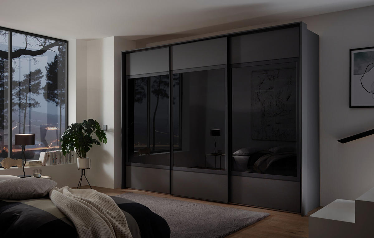SCHWEBETÜRENSCHRANK in Anthrazit  - Anthrazit/Schwarz, Design, Glas/Holzwerkstoff (298/222/68cm) - Moderano