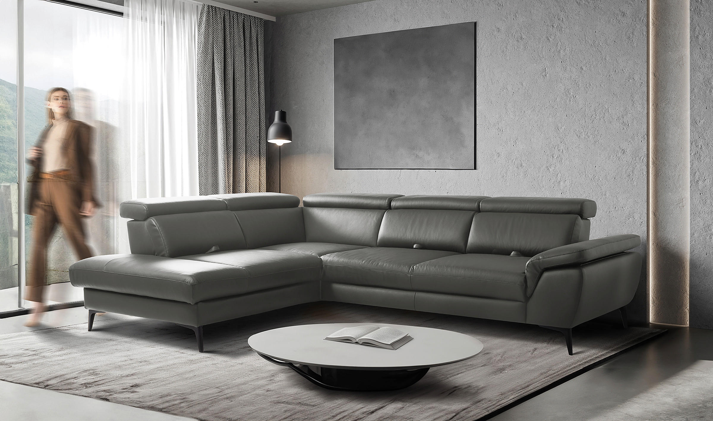 ECKSOFA Lederlook Echtleder Anthrazit  - Anthrazit/Schwarz, Design, Leder/Textil (220/274cm) - Livetastic