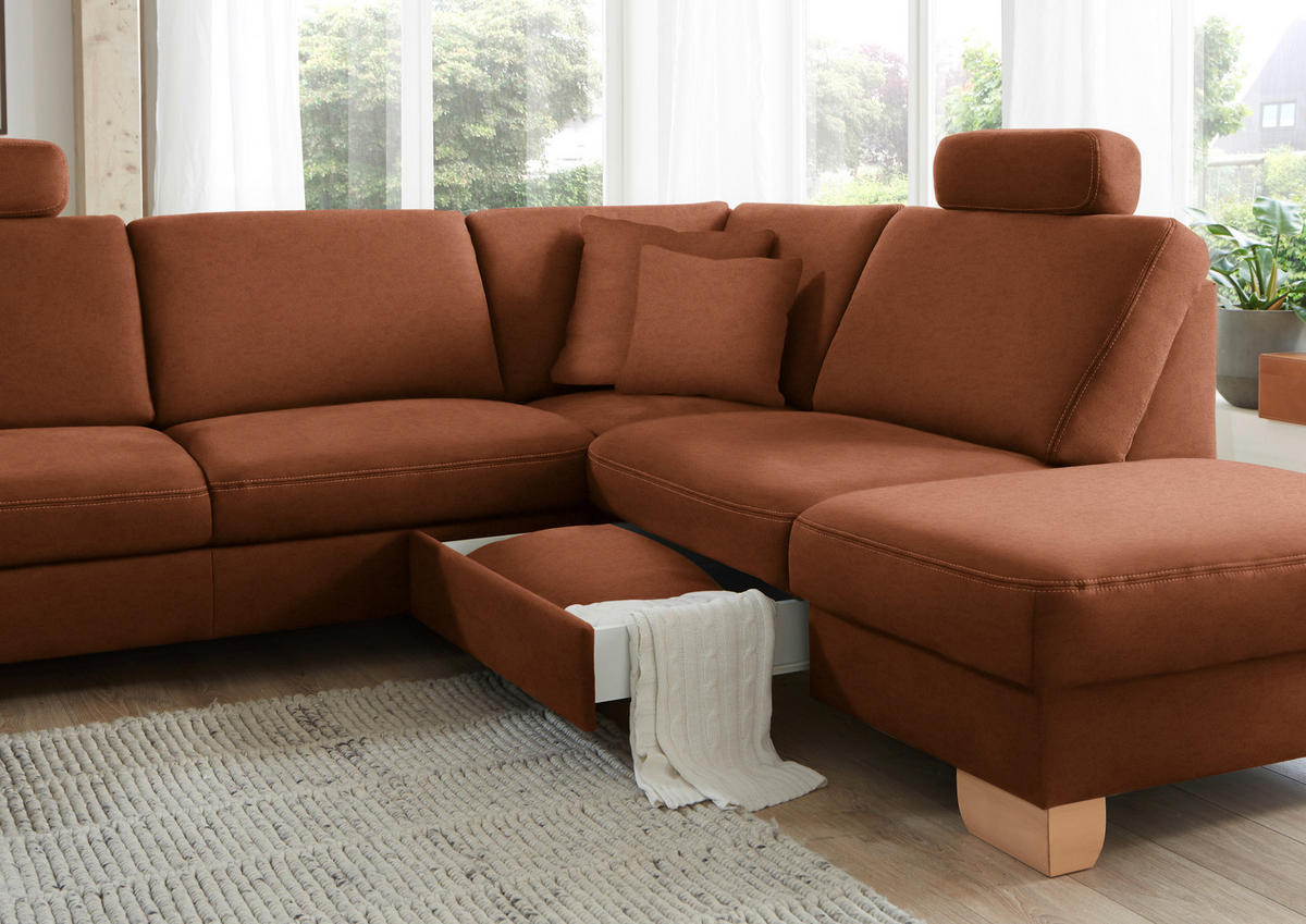 ECKSOFA in Mikrofaser Cognac  - Wildeiche/Cognac, Natur, Holz/Textil (286/236cm) - Voleo