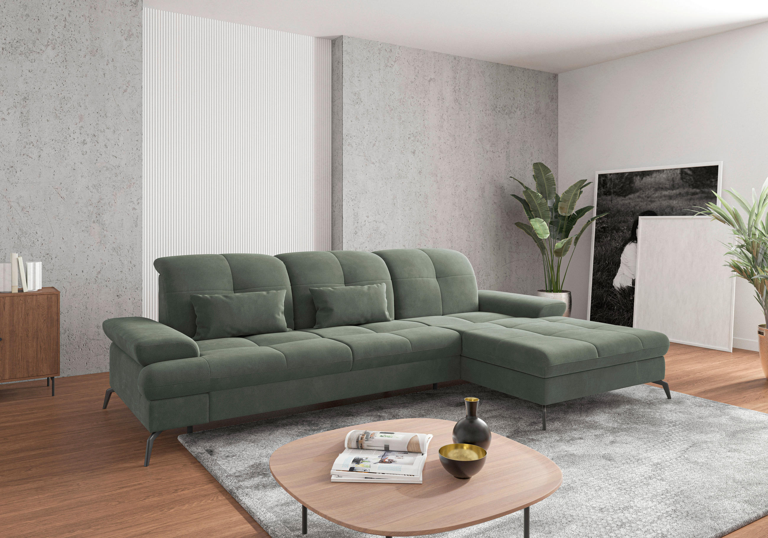 ECKSOFA Grün Flachgewebe  - Schwarz/Grün, KONVENTIONELL, Textil/Metall (279/185cm) - Sit & More