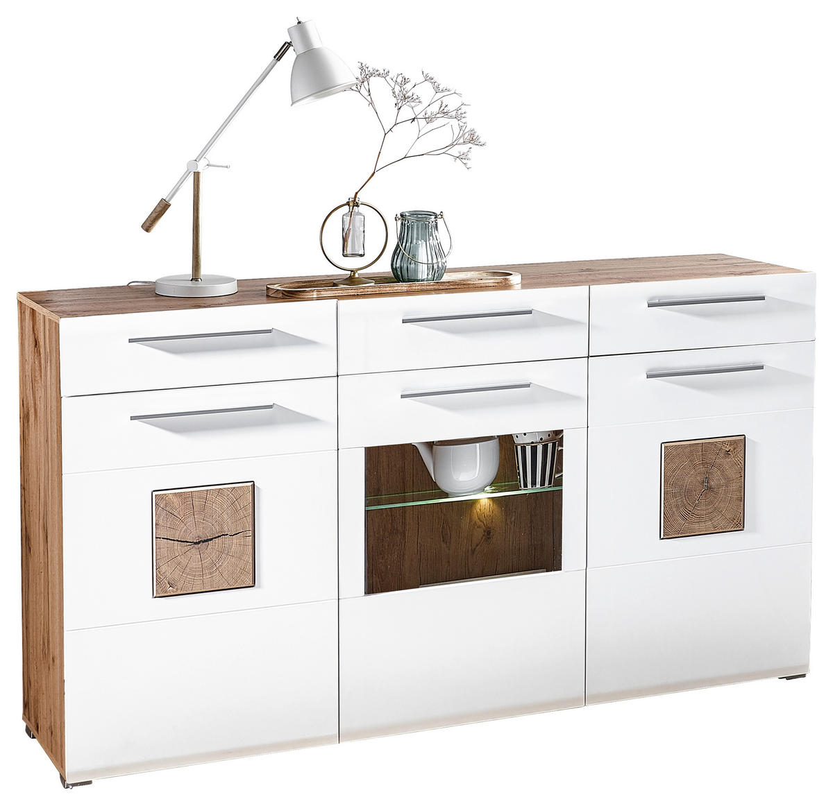 SIDEBOARD  in 180/98/43 cm  - Chromfarben/Eichefarben, KONVENTIONELL, Glas/Holz (180/98/43cm) - Hom`in
